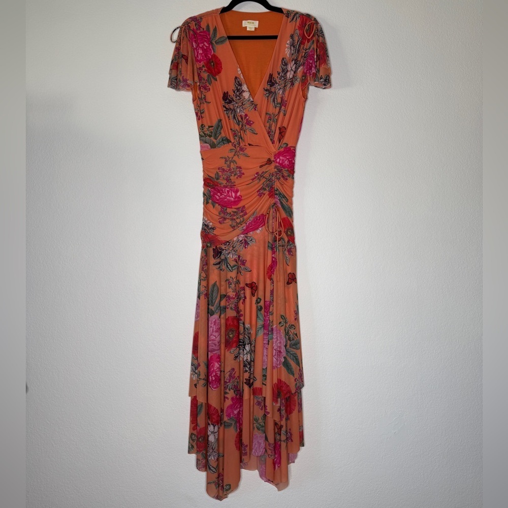 Maeve Anthropologie Simone Asymmetrical Floral Mesh Ruched Dress Orange Size S